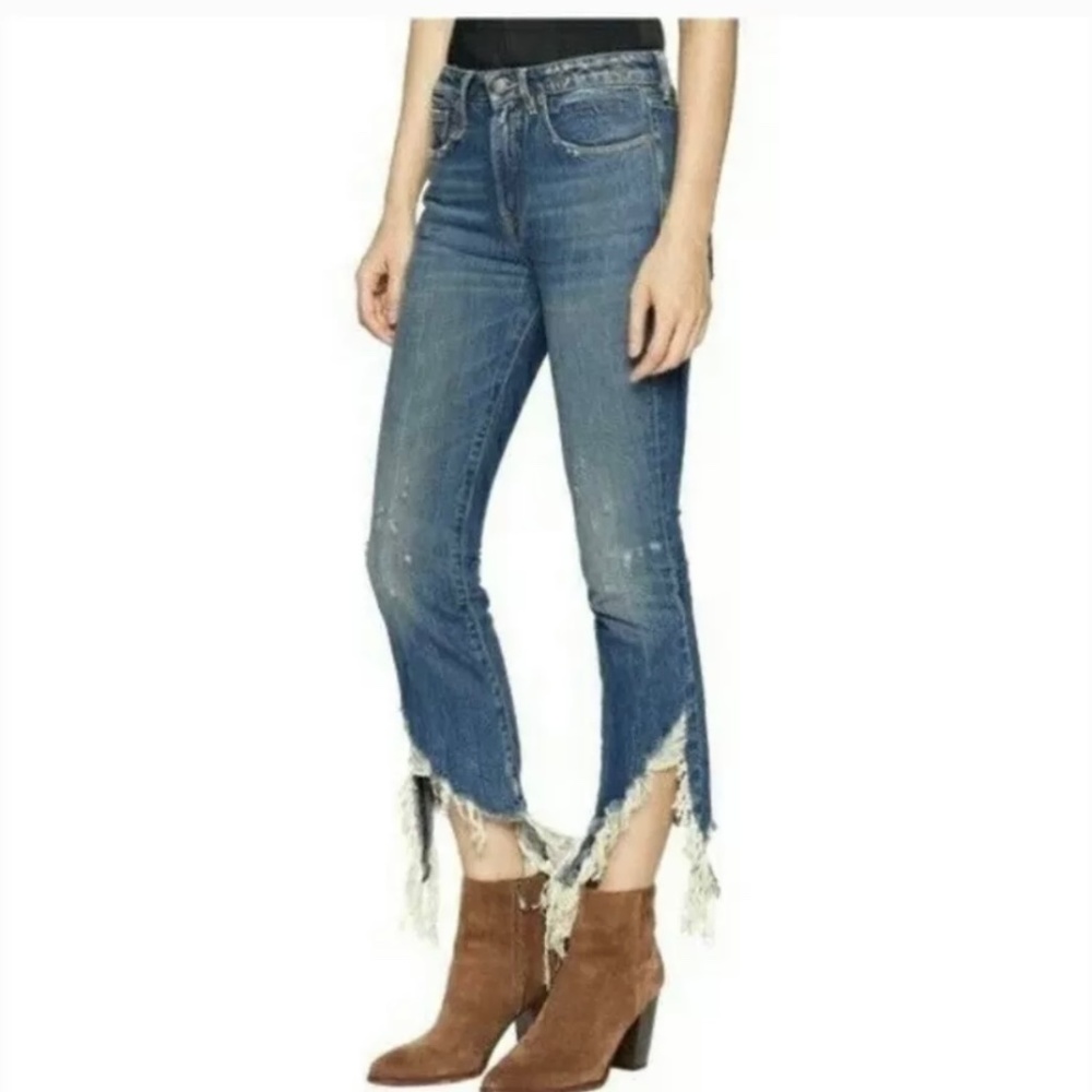 R13 Spiral Kick Kelly W frayed raw hem cropped distressed blue jeans - size 24